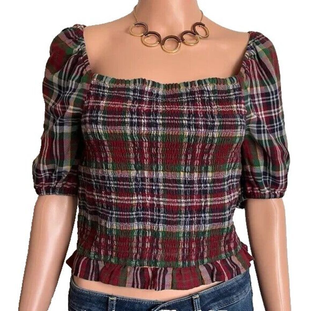 American Eagle Red Plaid Cropped Puff Sleeve Top XS Womens Smocked Tartan Blouse
